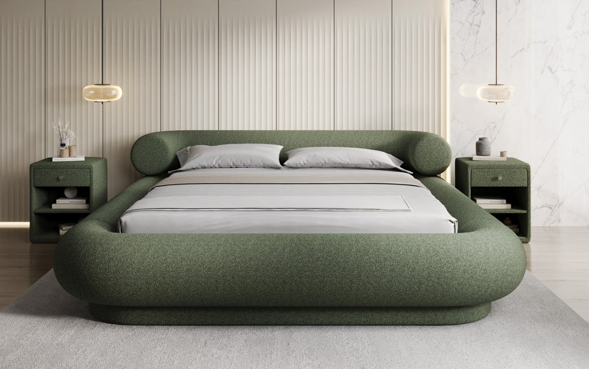 Designer upholstered bed Mochi in teddy bouclé with storage space