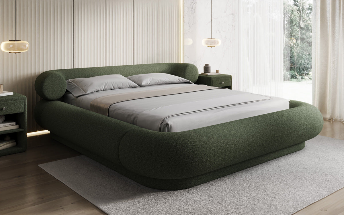Designer upholstered bed Mochi in teddy bouclé with storage space