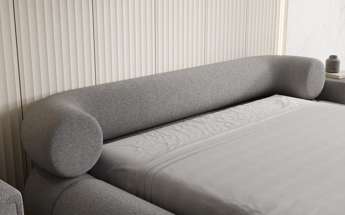 Designer upholstered bed Mochi in teddy bouclé with storage space