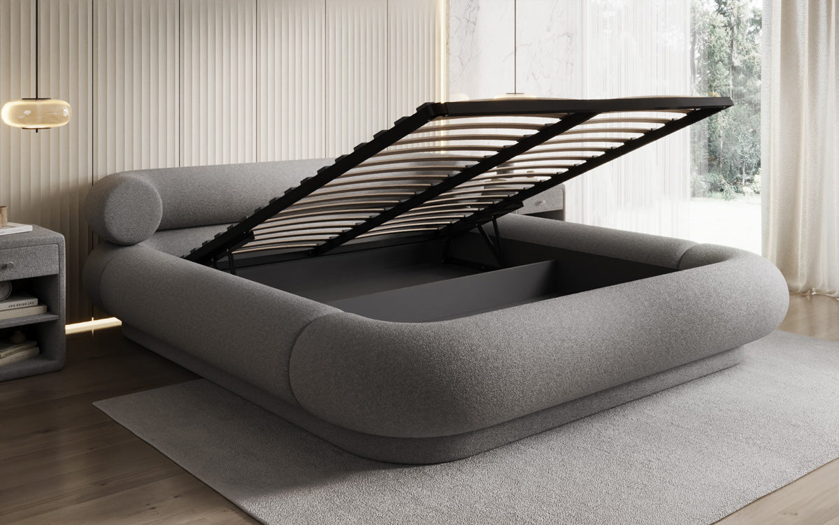 Designer upholstered bed Mochi in teddy bouclé with storage space