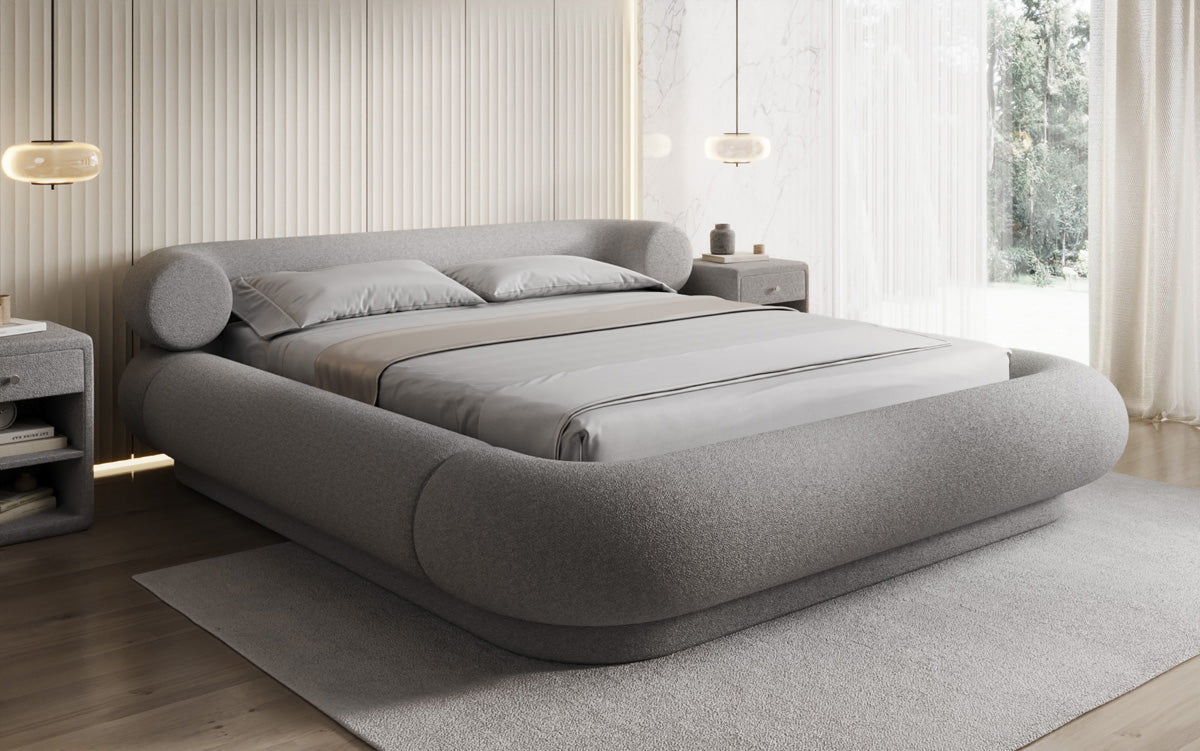 Designer upholstered bed Mochi in teddy bouclé with storage space