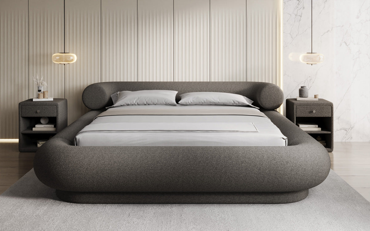 Designer upholstered bed Mochi in teddy bouclé with storage space