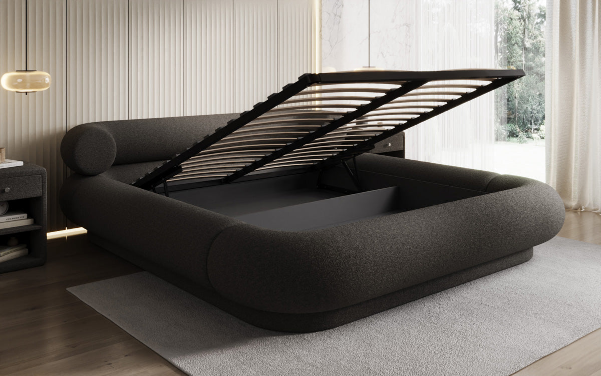 Designer upholstered bed Mochi in teddy bouclé with storage space