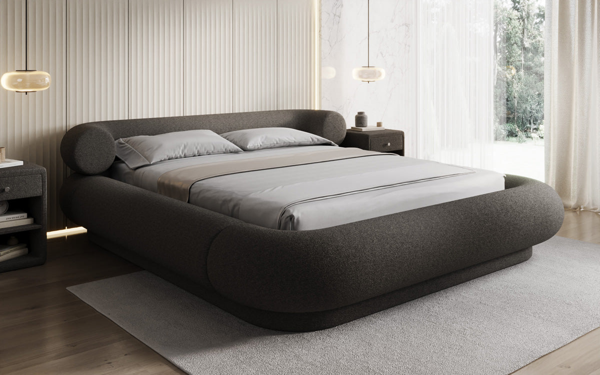 Designer upholstered bed Mochi in teddy bouclé with storage space