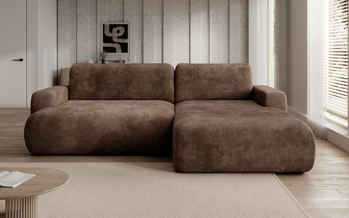 Designer corner sofa Enzo with sleeping and fold-out function in Corduroy