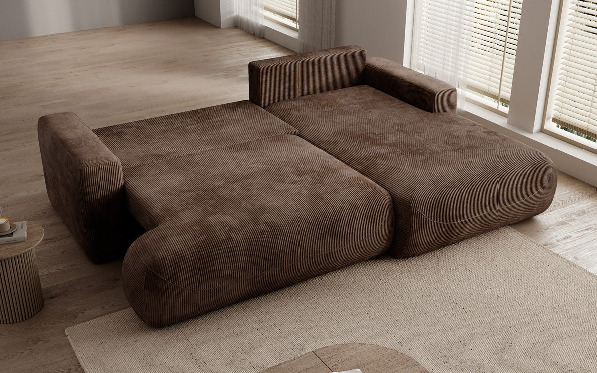 Designer corner sofa Enzo with sleeping and fold-out function in Corduroy