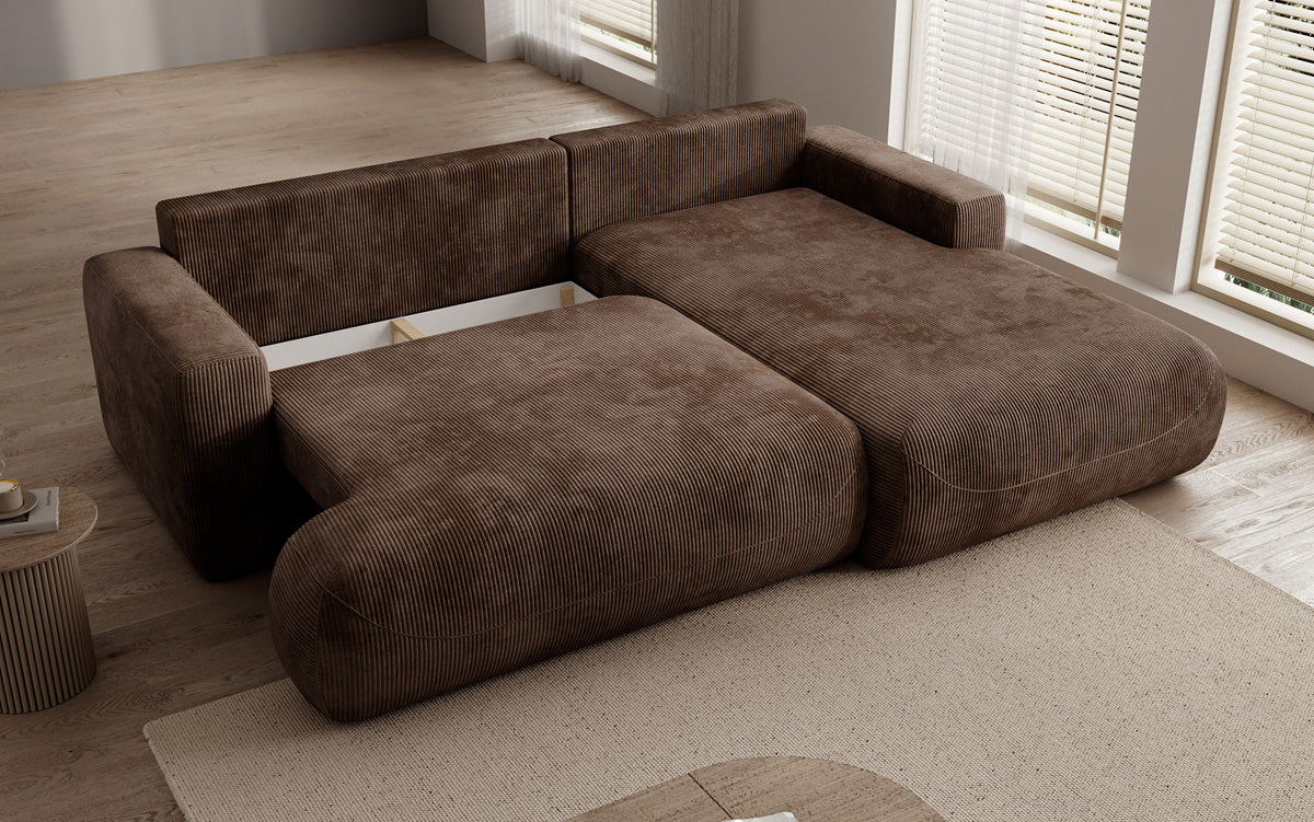 Designer corner sofa Enzo with sleeping and fold-out function in Corduroy