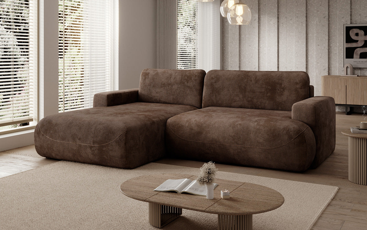 Designer corner sofa Enzo with sleeping and fold-out function in Corduroy