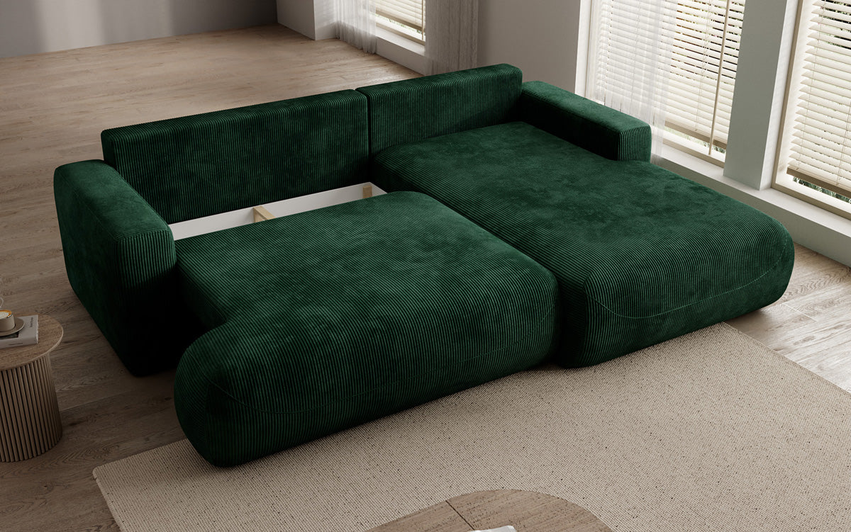 Designer corner sofa Enzo with sleeping and fold-out function in Corduroy