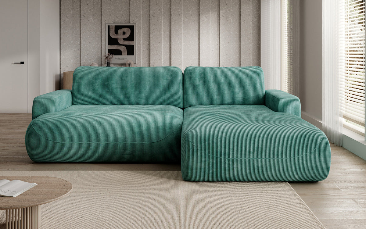 Designer corner sofa Enzo with sleeping and fold-out function in Corduroy