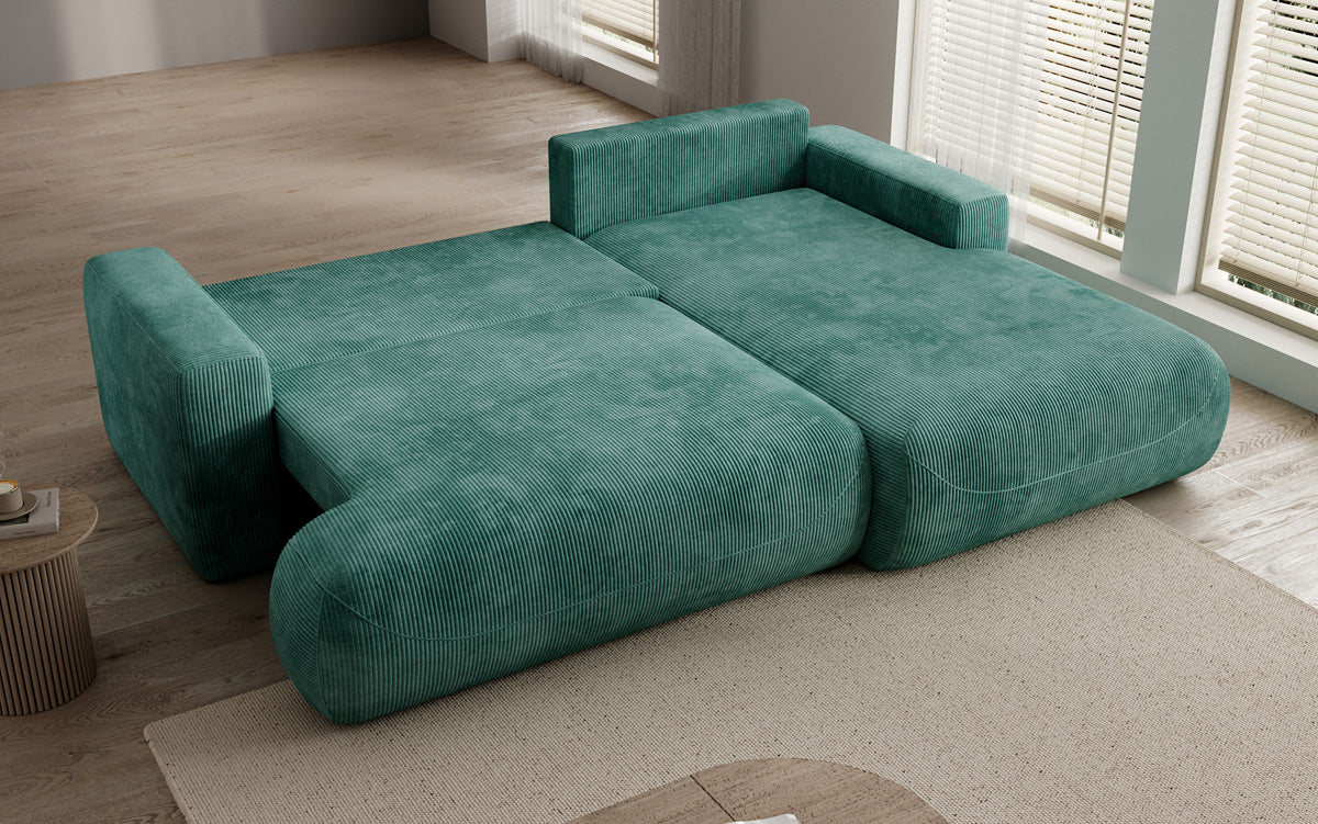 Designer corner sofa Enzo with sleeping and fold-out function in Corduroy