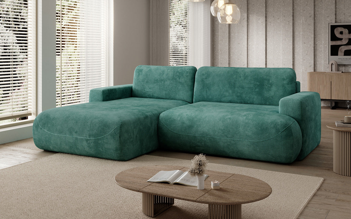 Designer corner sofa Enzo with sleeping and fold-out function in Corduroy