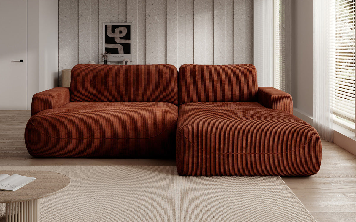 Designer corner sofa Enzo with sleeping and fold-out function in Corduroy