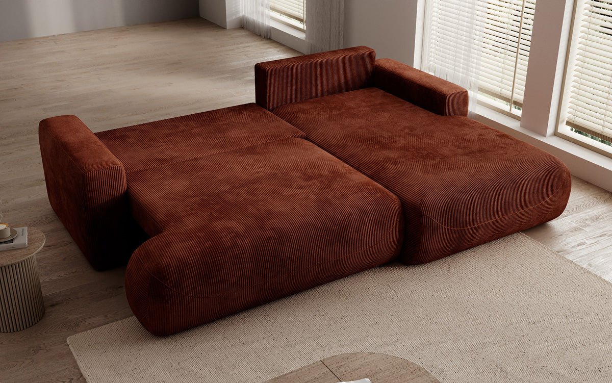 Designer corner sofa Enzo with sleeping and fold-out function in Corduroy