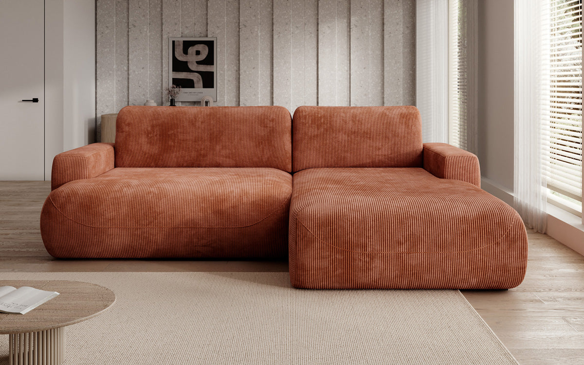 Designer corner sofa Enzo with sleeping and fold-out function in Corduroy