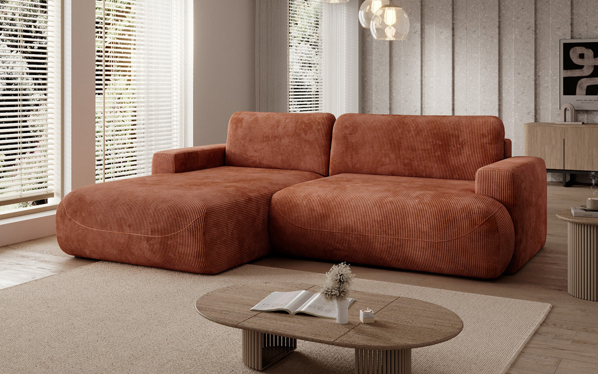 Designer corner sofa Enzo with sleeping and fold-out function in Corduroy