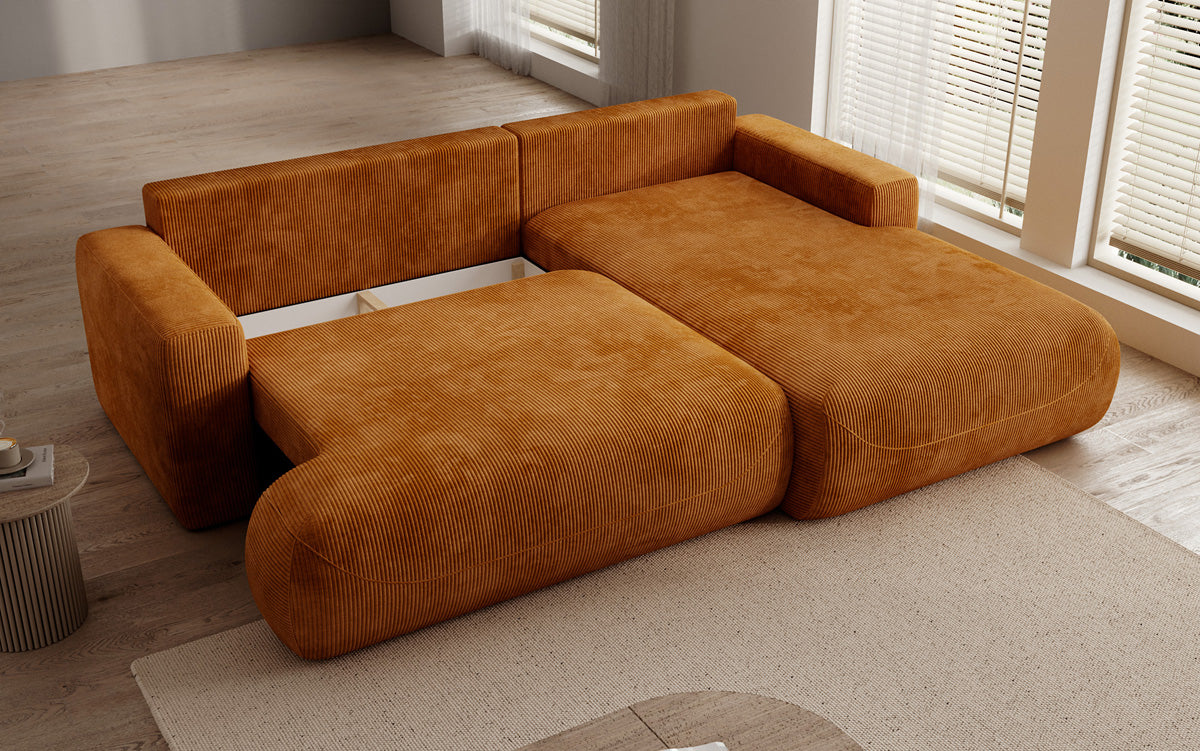 Designer corner sofa Enzo with sleeping and fold-out function in Corduroy