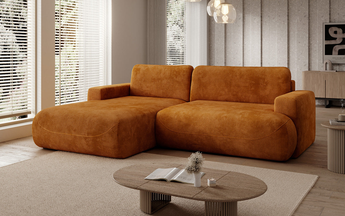 Designer corner sofa Enzo with sleeping and fold-out function in Corduroy