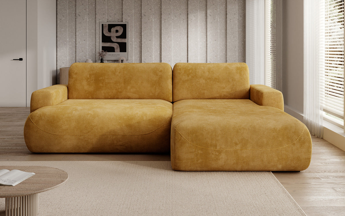 Designer corner sofa Enzo with sleeping and fold-out function in Corduroy