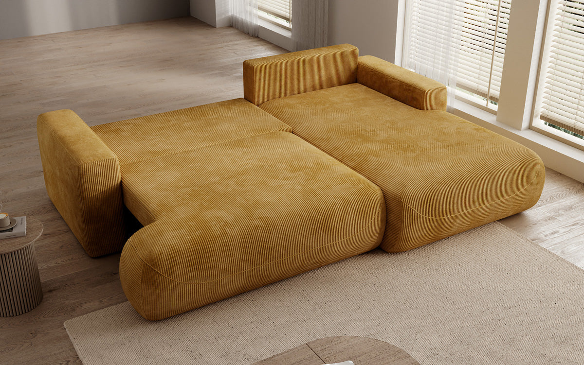 Designer corner sofa Enzo with sleeping and fold-out function in Corduroy