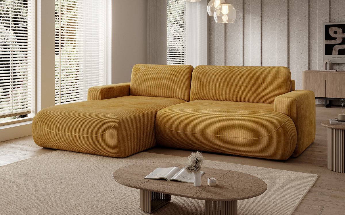 Designer corner sofa Enzo with sleeping and fold-out function in Corduroy