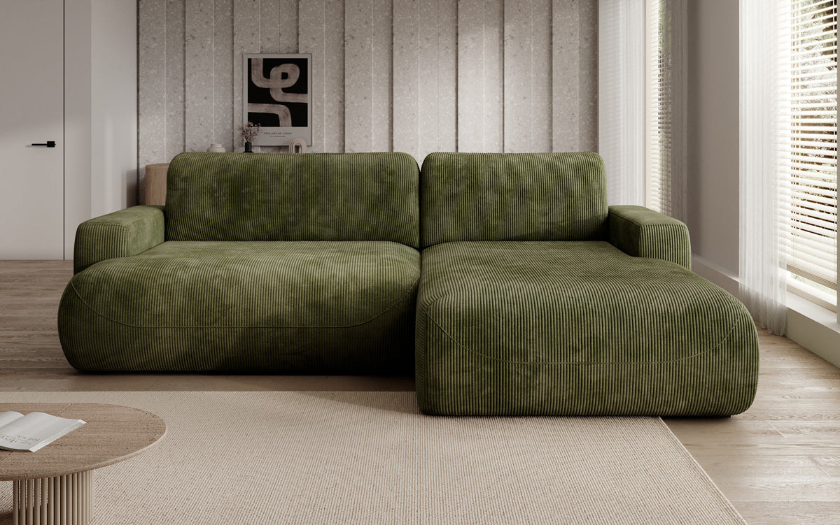 Designer corner sofa Enzo with sleeping and fold-out function in Corduroy