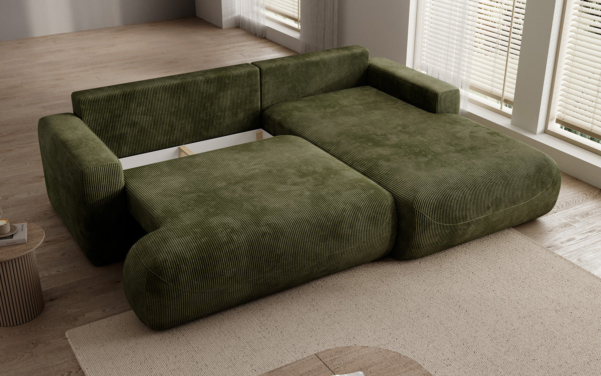 Designer corner sofa Enzo with sleeping and fold-out function in Corduroy