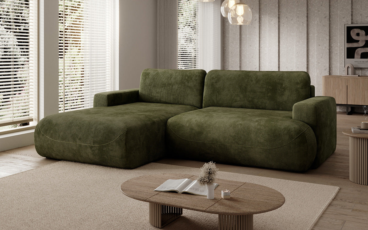Designer corner sofa Enzo with sleeping and fold-out function in Corduroy
