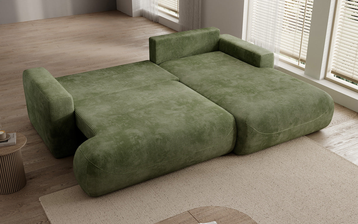 Designer corner sofa Enzo with sleeping and fold-out function in Corduroy