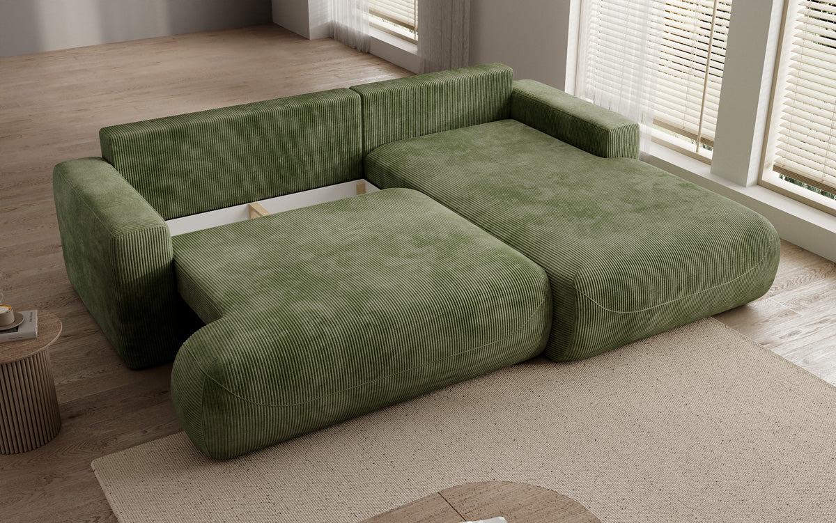 Designer corner sofa Enzo with sleeping and fold-out function in Corduroy