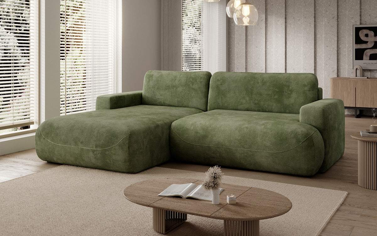 Designer corner sofa Enzo with sleeping and fold-out function in Corduroy
