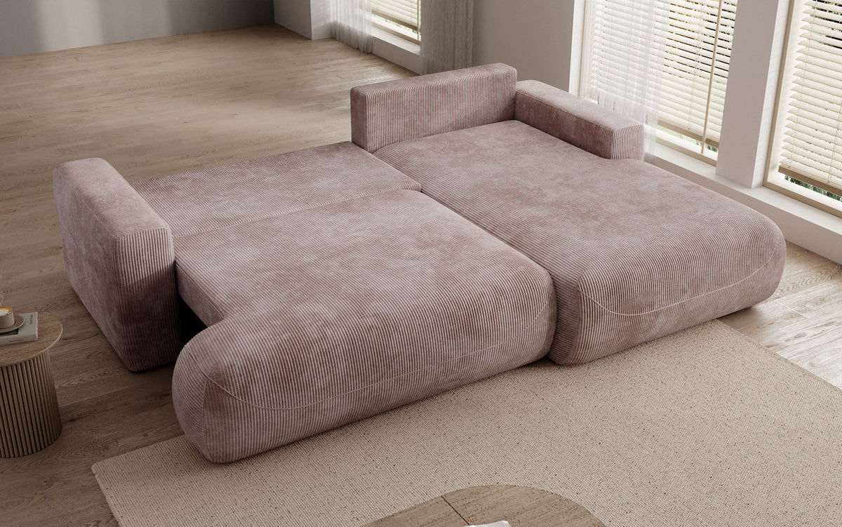 Designer corner sofa Enzo with sleeping and fold-out function in Corduroy