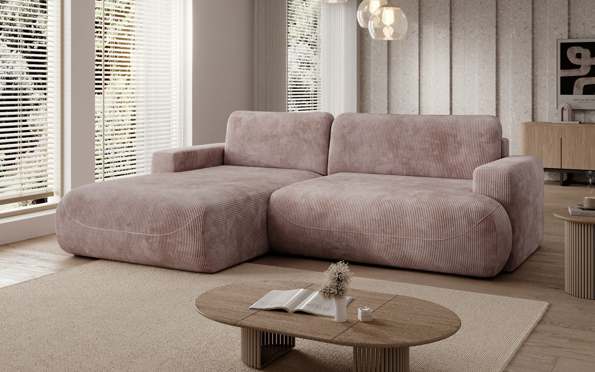 Designer corner sofa Enzo with sleeping and fold-out function in Corduroy