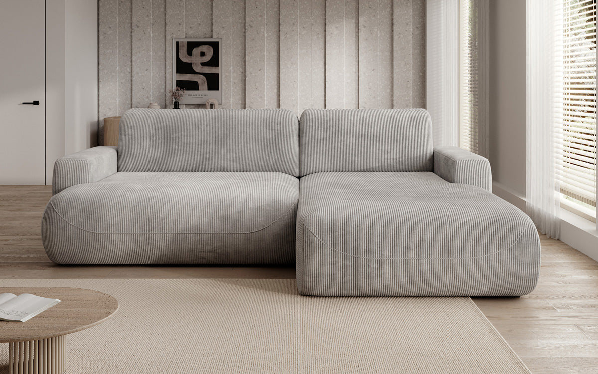 Designer corner sofa Enzo with sleeping and fold-out function in Corduroy
