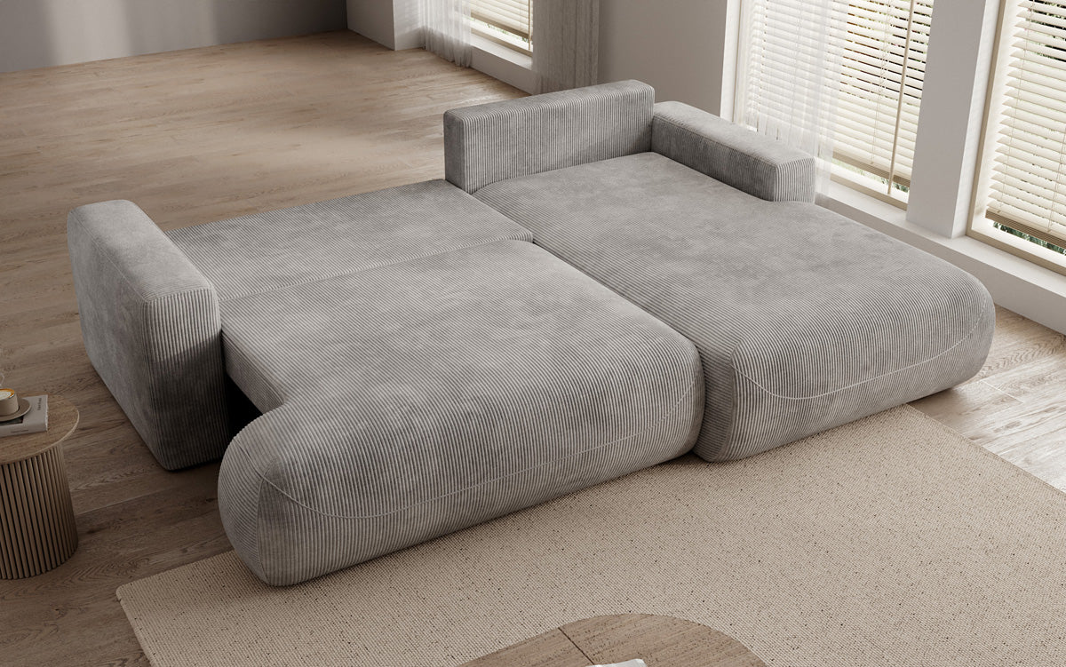 Designer corner sofa Enzo with sleeping and fold-out function in Corduroy