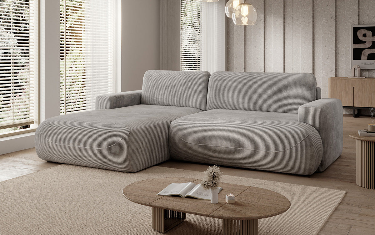 Designer corner sofa Enzo with sleeping and fold-out function in Corduroy