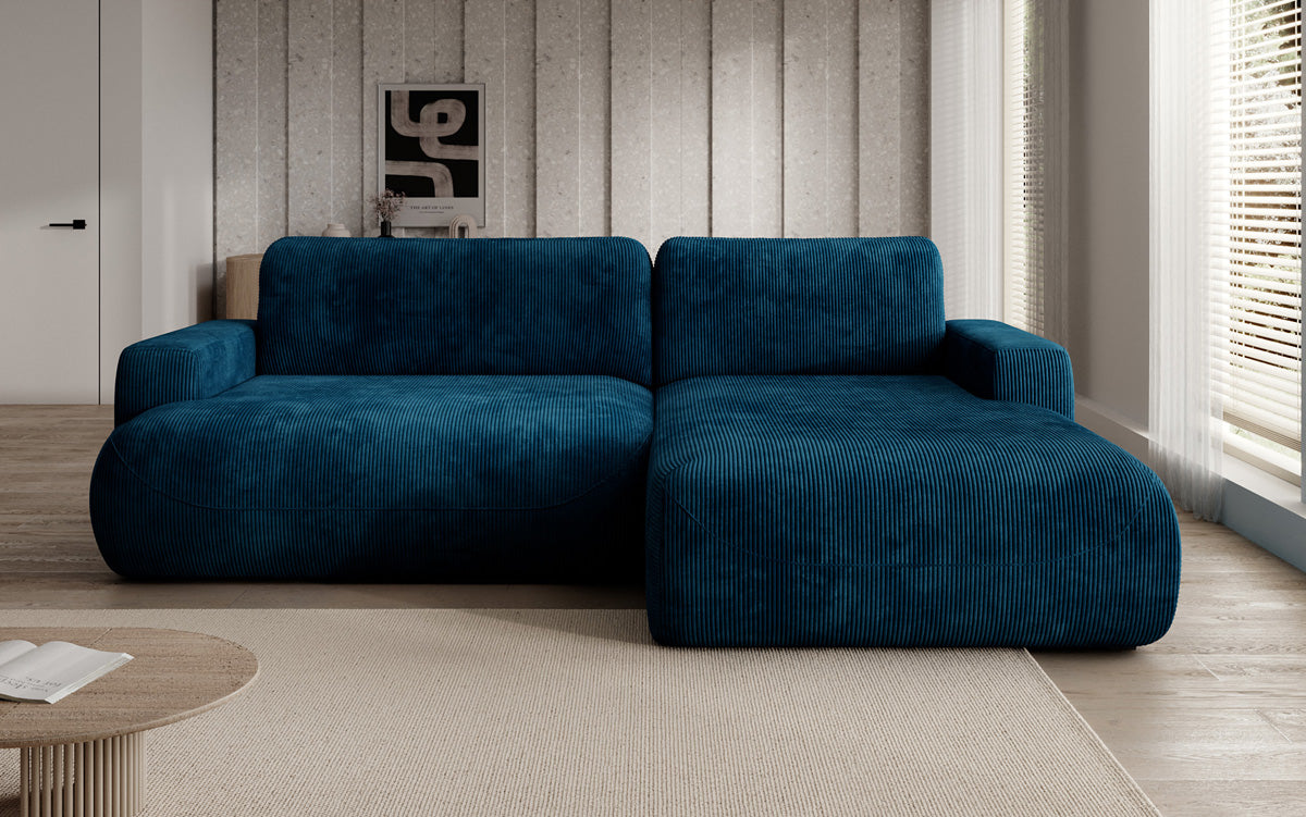 Designer corner sofa Enzo with sleeping and fold-out function in Corduroy