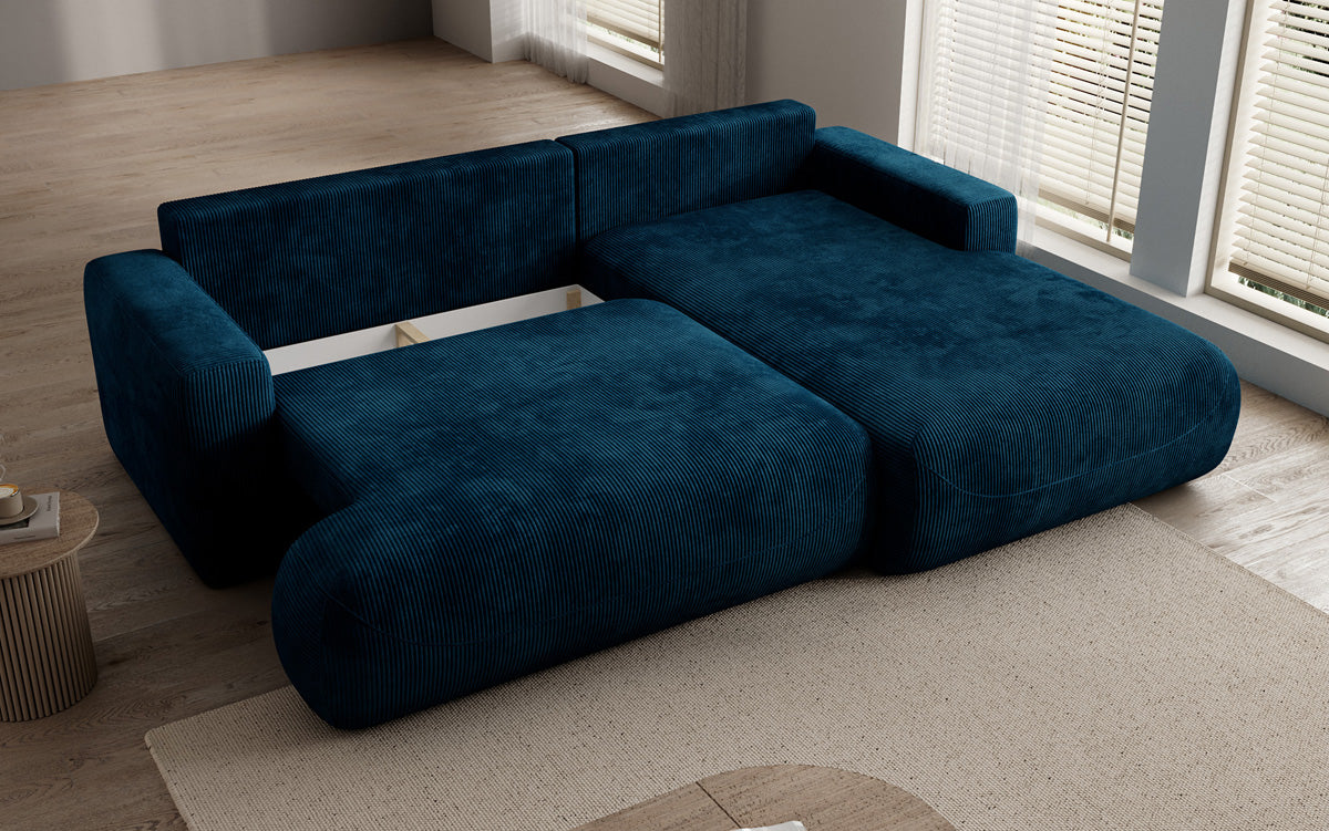 Designer corner sofa Enzo with sleeping and fold-out function in Corduroy