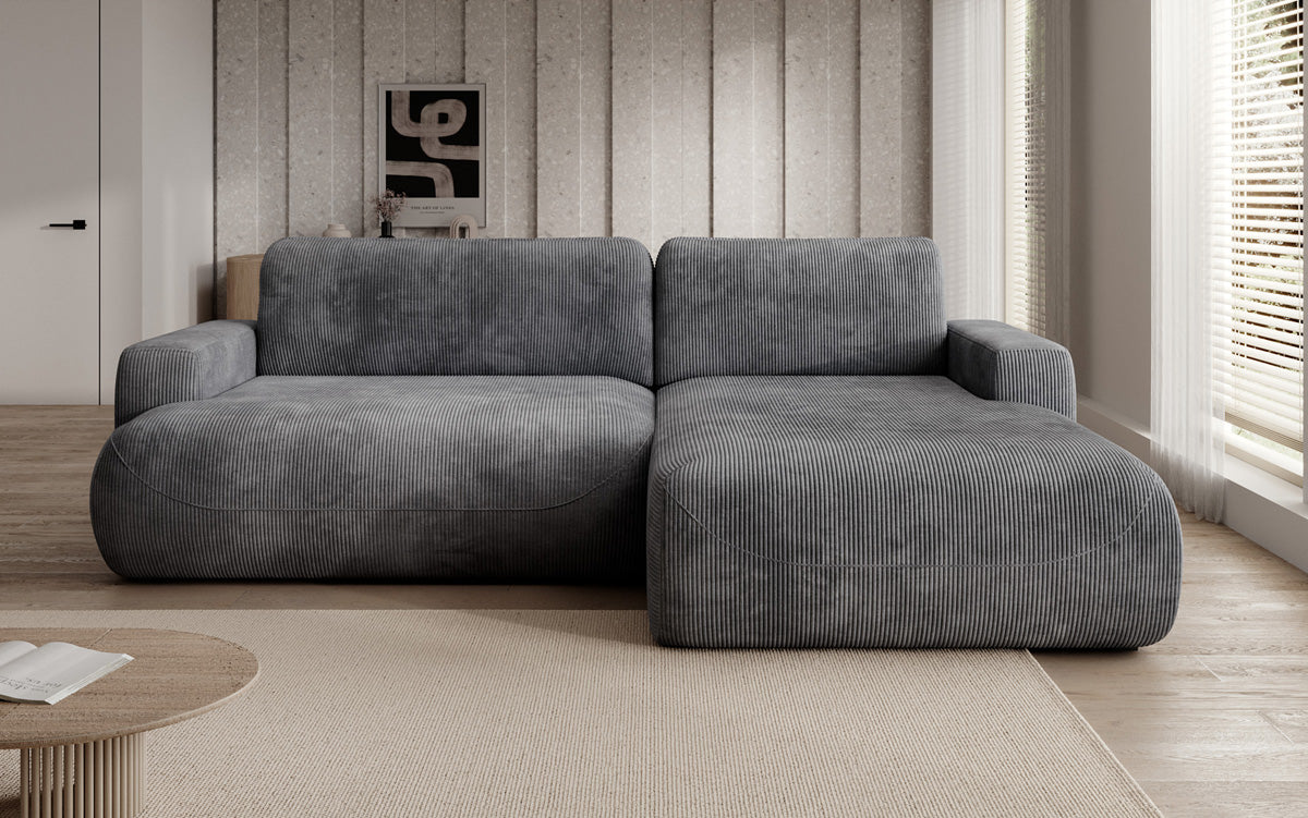 Designer corner sofa Enzo with sleeping and fold-out function in Corduroy