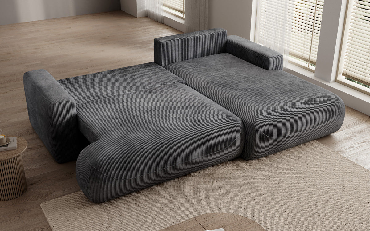 Designer corner sofa Enzo with sleeping and fold-out function in Corduroy