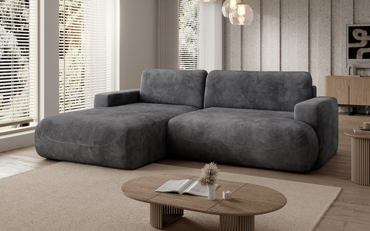 Designer corner sofa Enzo with sleeping and fold-out function in Corduroy