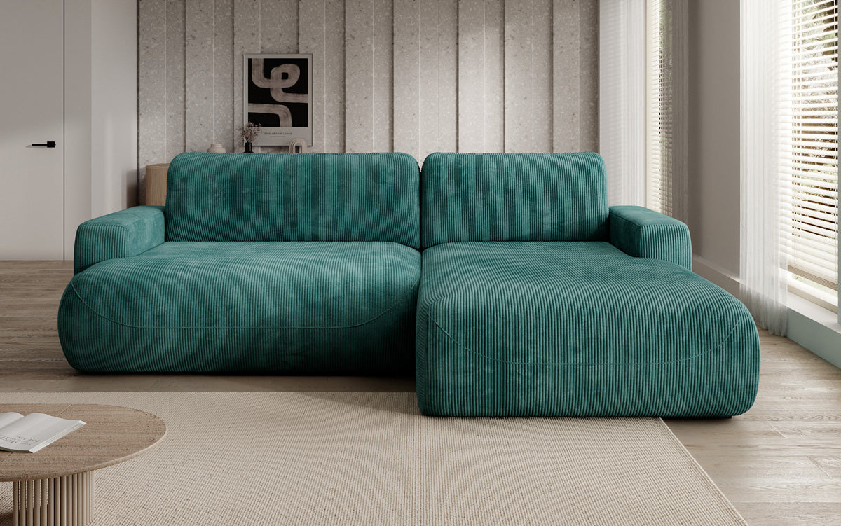 Designer corner sofa Enzo with sleeping and fold-out function in Corduroy