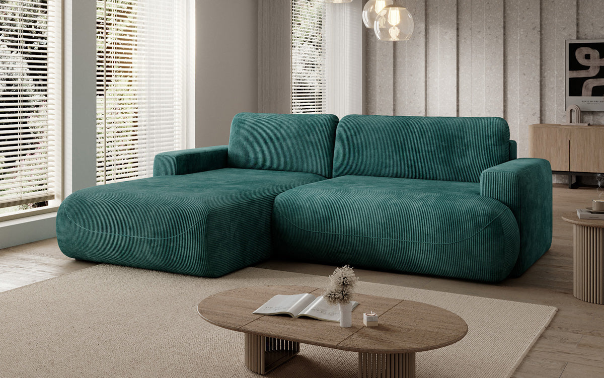 Designer corner sofa Enzo with sleeping and fold-out function in Corduroy