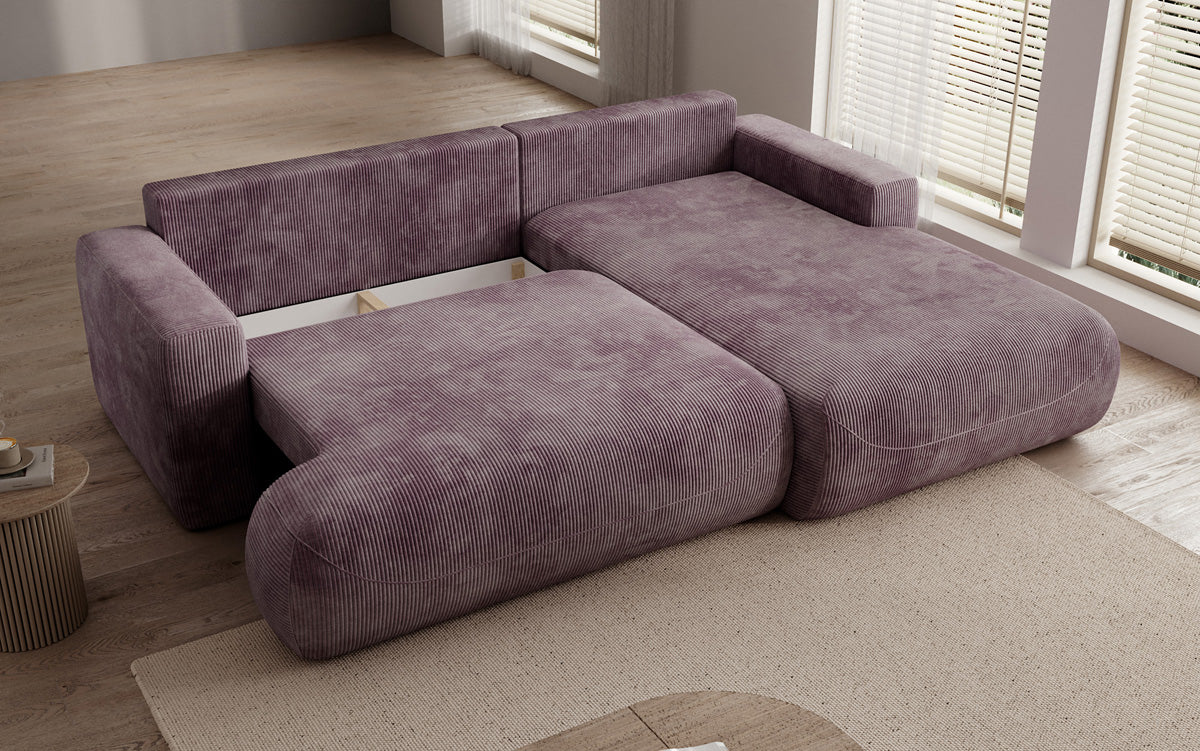 Designer corner sofa Enzo with sleeping and fold-out function in Corduroy