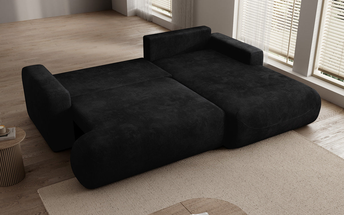 Designer corner sofa Enzo with sleeping and fold-out function in Corduroy