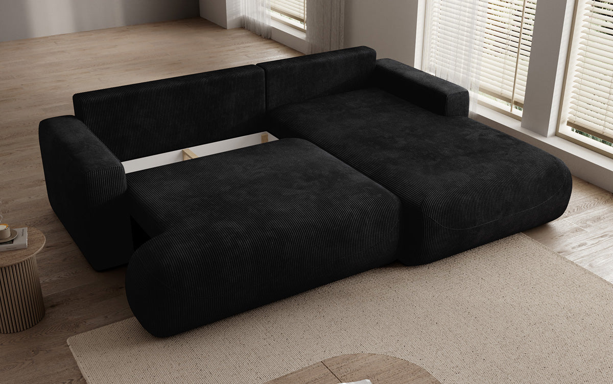 Designer corner sofa Enzo with sleeping and fold-out function in Corduroy