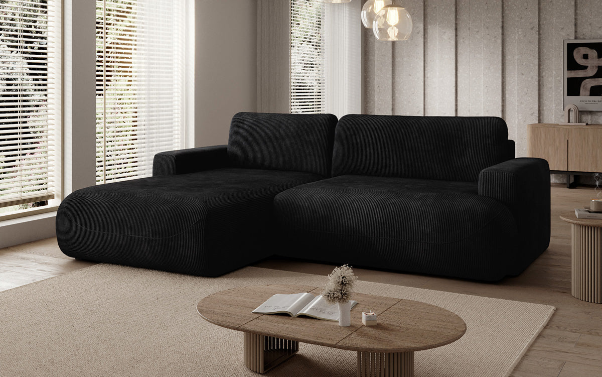 Designer corner sofa Enzo with sleeping and fold-out function in Corduroy