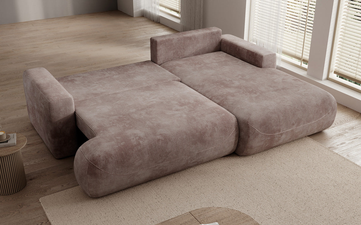 Designer corner sofa Enzo with sleeping and fold-out function in Corduroy
