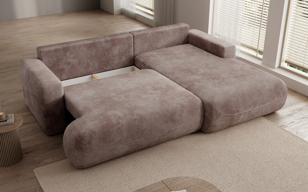 Designer corner sofa Enzo with sleeping and fold-out function in Corduroy