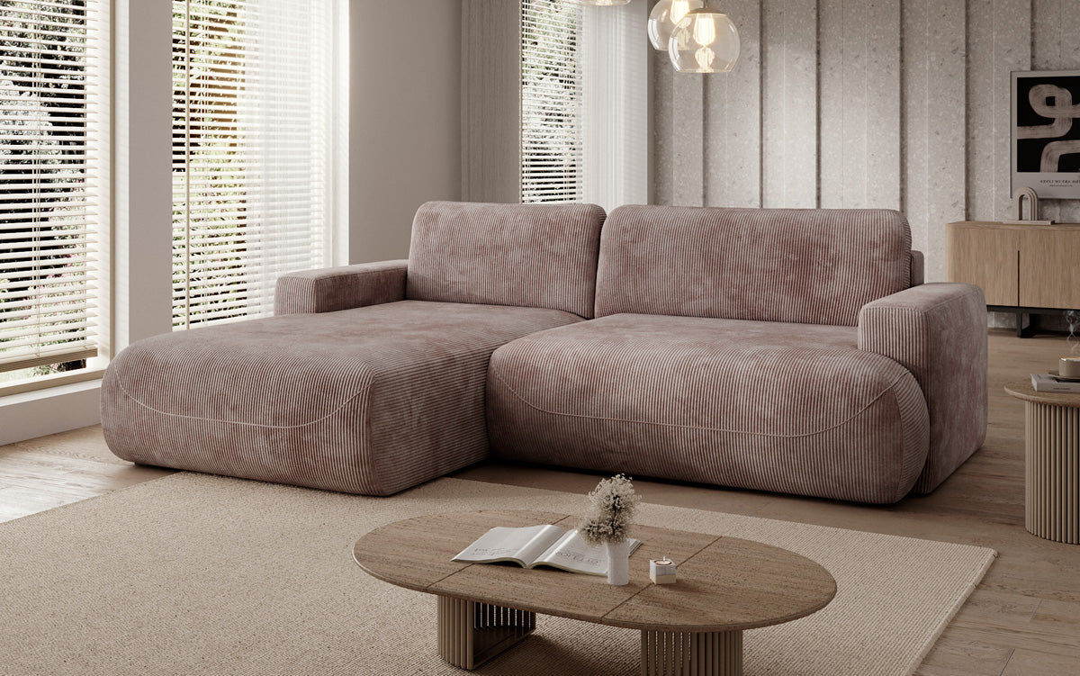 Designer corner sofa Enzo with sleeping and fold-out function in Corduroy